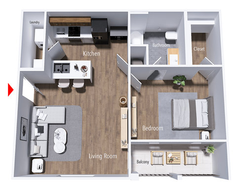 Floor plan for 1 bed, 1 bath, 702 sqft